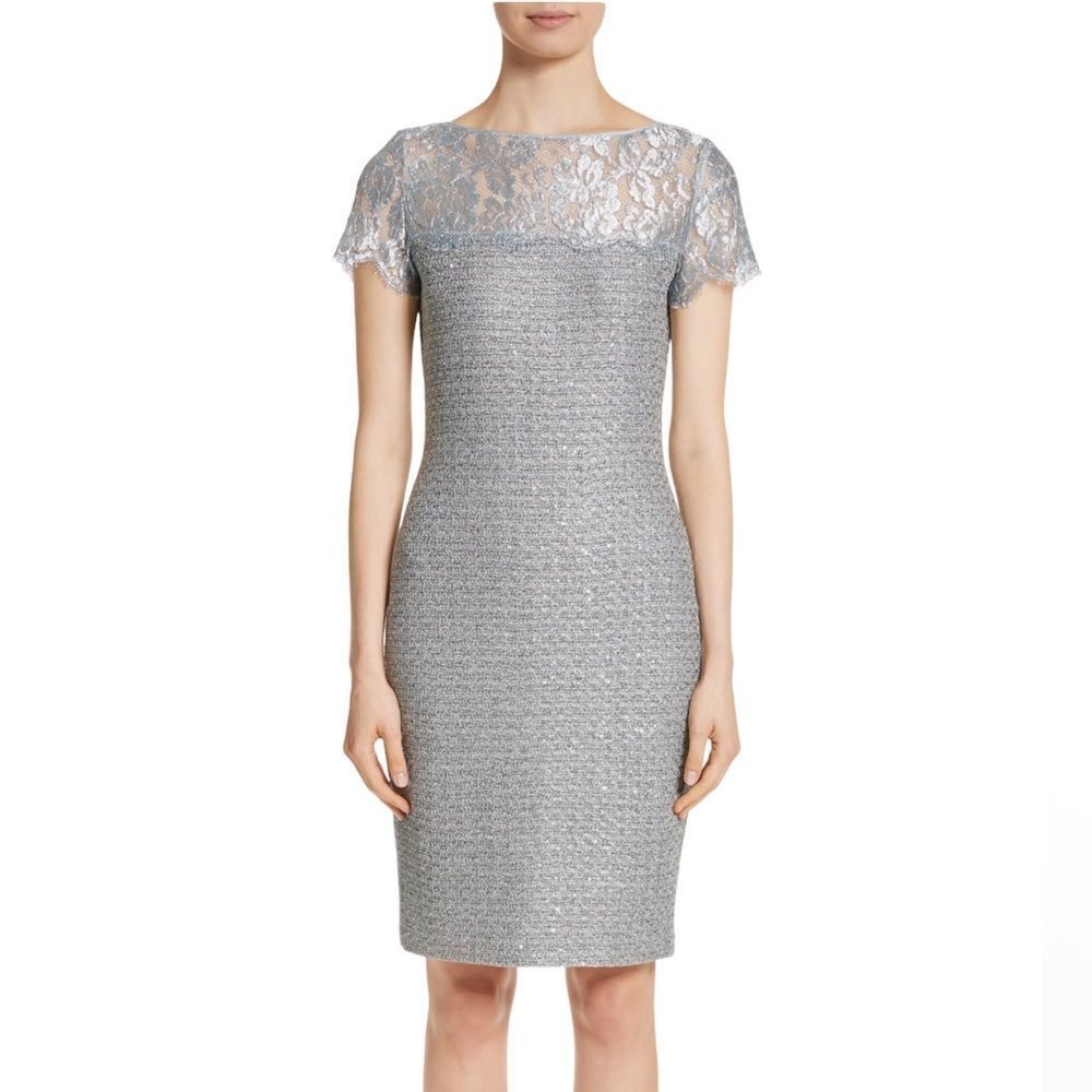 St John Metallic Sequined Knit Cocktail Sheath Midi Dress In Gunmetal New Size 8